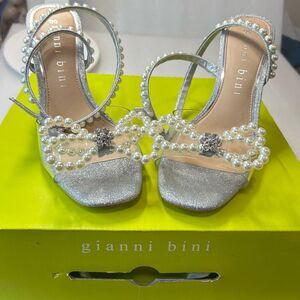 Gianni Bini women Glittering Silver Heels with Pearl Accents